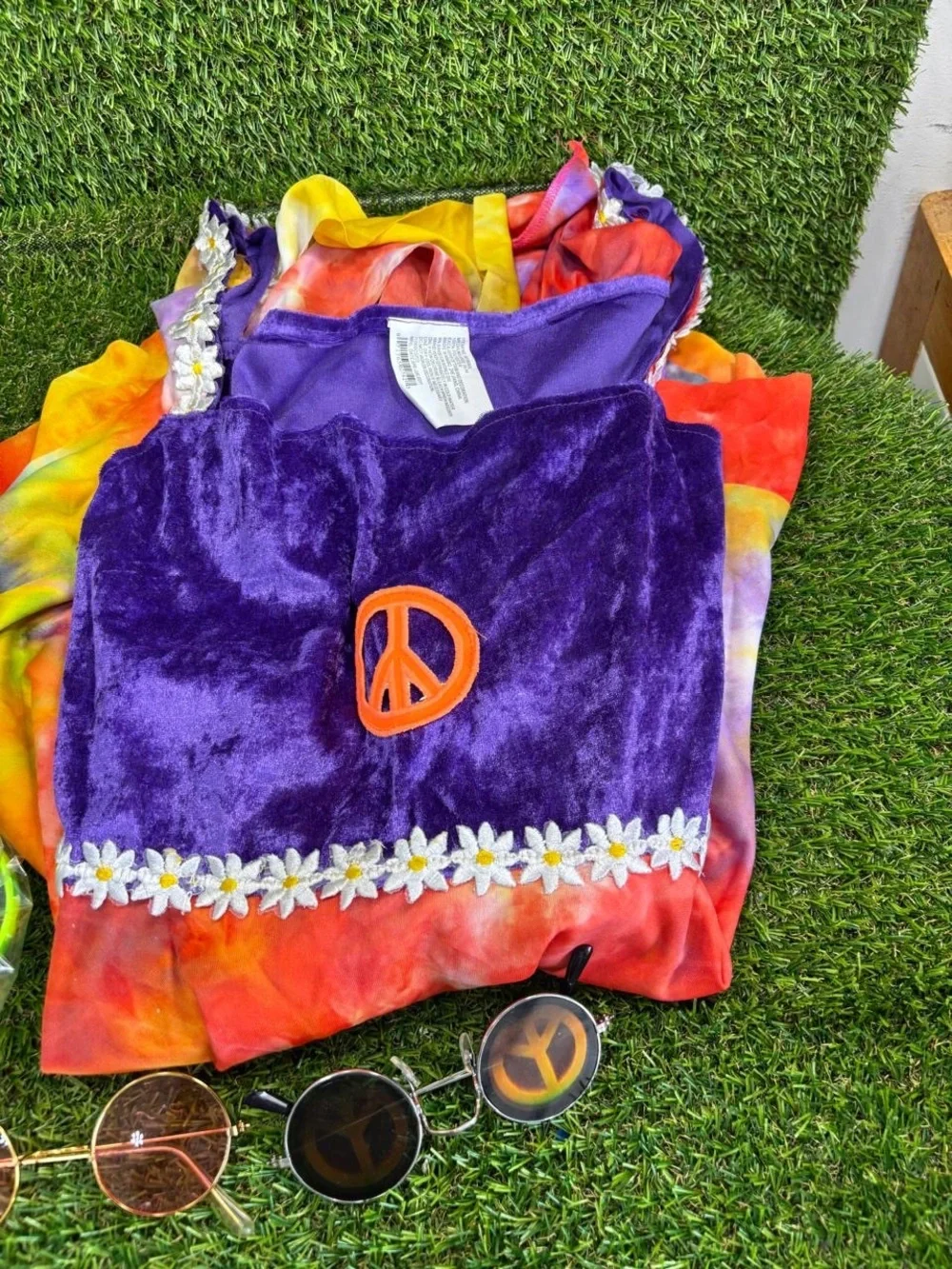 Girls Hippie Costume Set Tie Dye Velvet Dress Accessories 60s 70s Full Kit